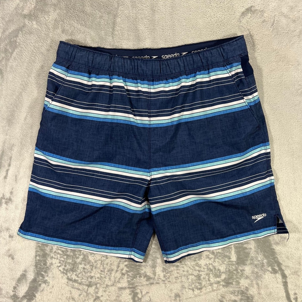 SPEEDO Swim Trunks Mens Large Blue Striped Board Shorts 7778275 Stretch